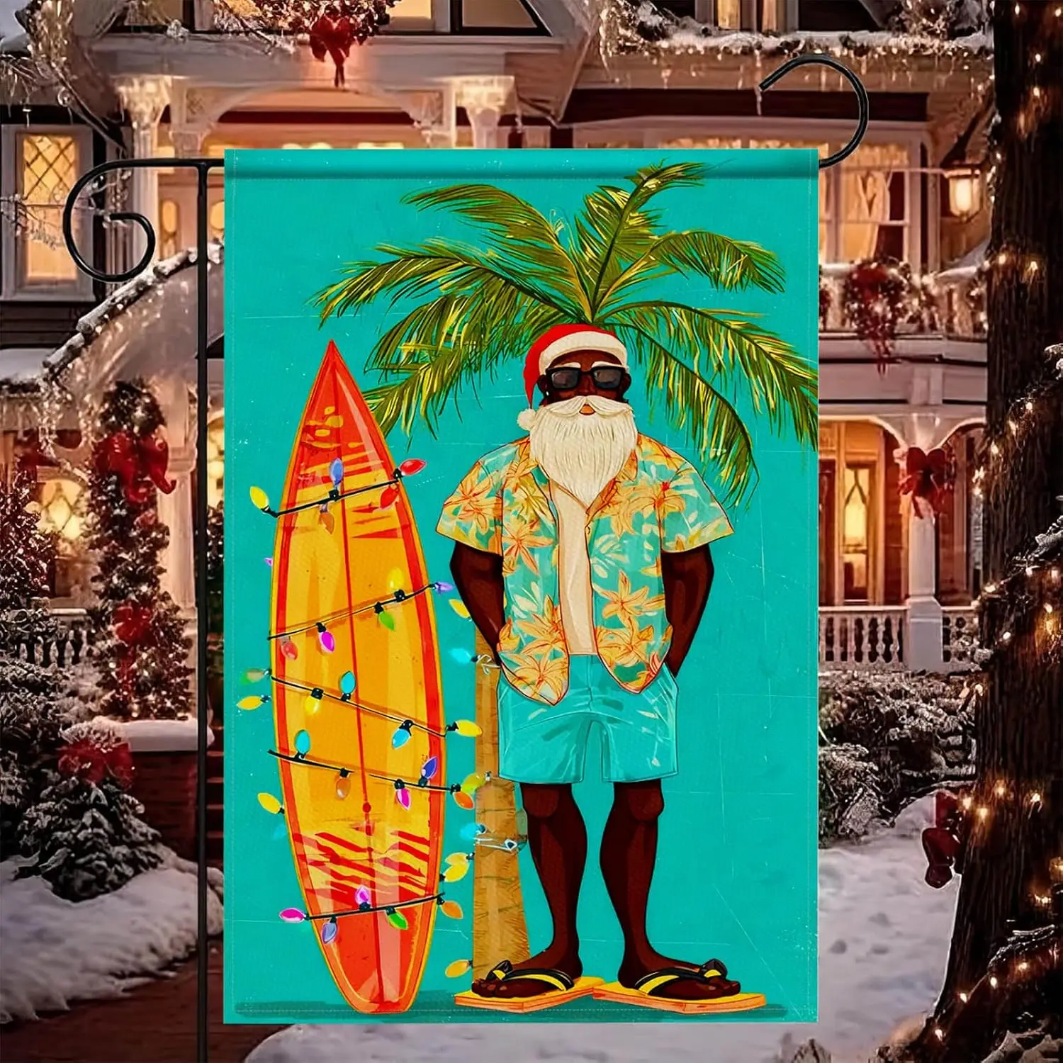 HOMETITUTE Tropical Black Santa Christmas Garden Flag 12x18 Inch Holiday Beach Theme Yard Banner Double Sided Seasonal Outdo zzo
