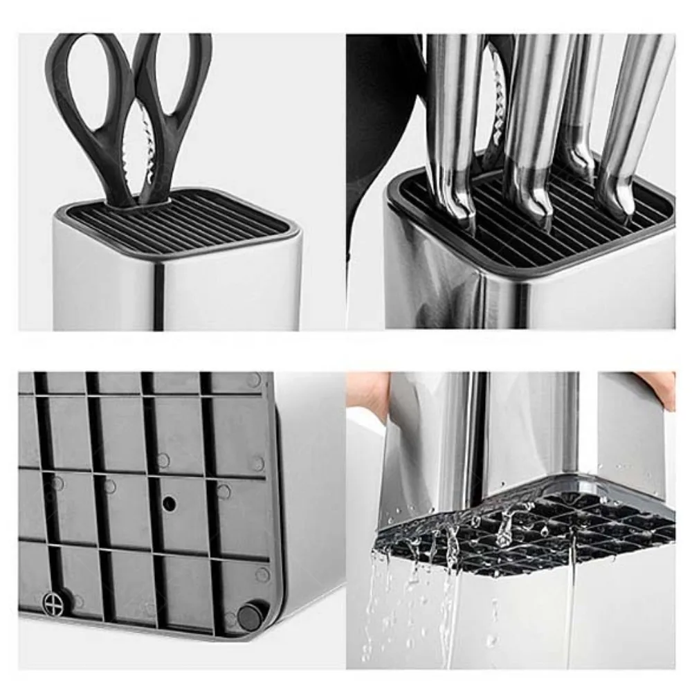 WXCOO Messerblock aus Edelstahl, Aufbewahrungsregal für die Arbeitsplatte, Einzel-Loch-Design, rutschfeste Basis für 5-7 Messer, modernes Design, leicht zu reinigen. – Detail 5