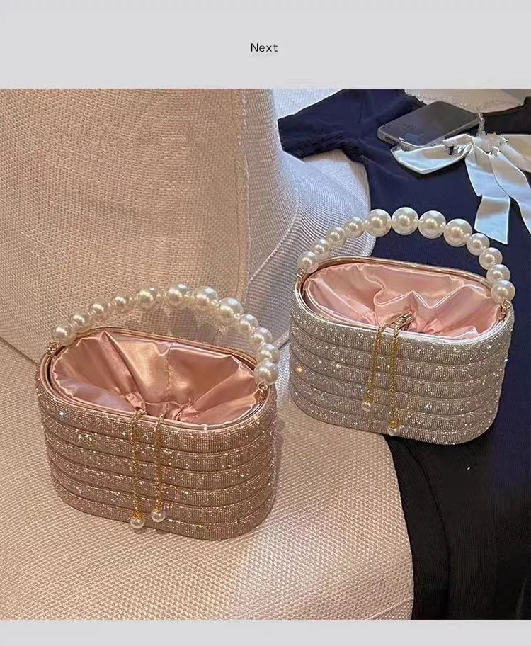 Crystal Metal Evening Clutch Bags Women Boutique Pearl Handle Shiny Color Blocking Rhinestone Purses And Handbags Bridal Wedding