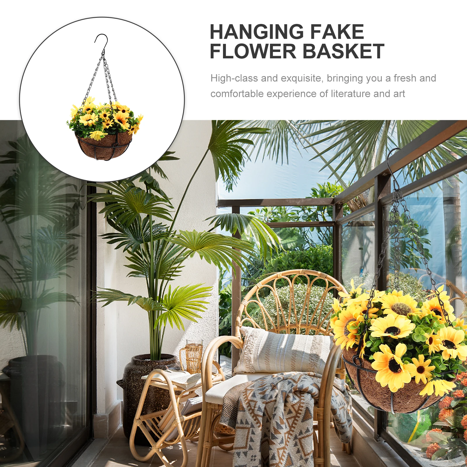 

Подвесная цветочная корзина из кокосового волокна, искусственные цветы для балкона, сада, двора, уличного комнатного растения, подвесной горшок для садоводства