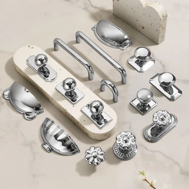 Bright Silver Furniture Handles French Wardrobe Door Pull Modern Minimalist Solid Single-Hole Drawer Knobs Cabinet Door Handles