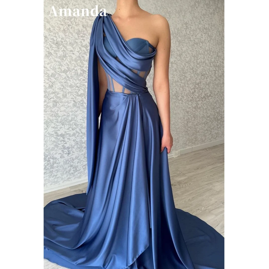 

Amanda Blue One Shoulder vestidos de noche A-line Satin Prom Dresses Elegant Sleeveless Floor-Length Side Split Formal Evening