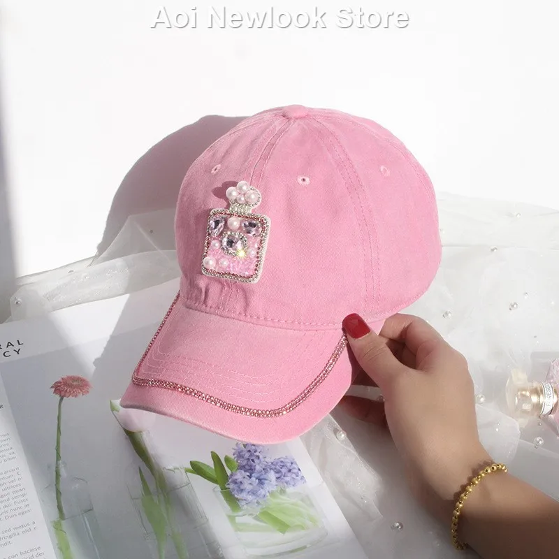 Thin Breathable Pink Baseball Hat Women's 2024 New High Quality Perfume Bottle Rhinestone Adjustable Sweet Fashion Peaked Cap