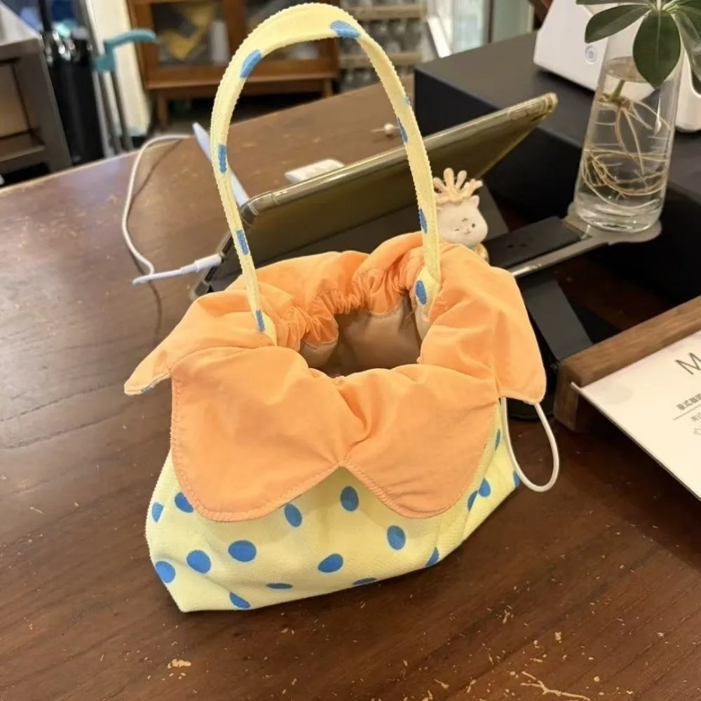 Vintage Sweet Flower Drawstring Handbag Polyester Bow Printed Polka Dot Tote Bag Polka Dot Lightweight Storage Bag Daily Use