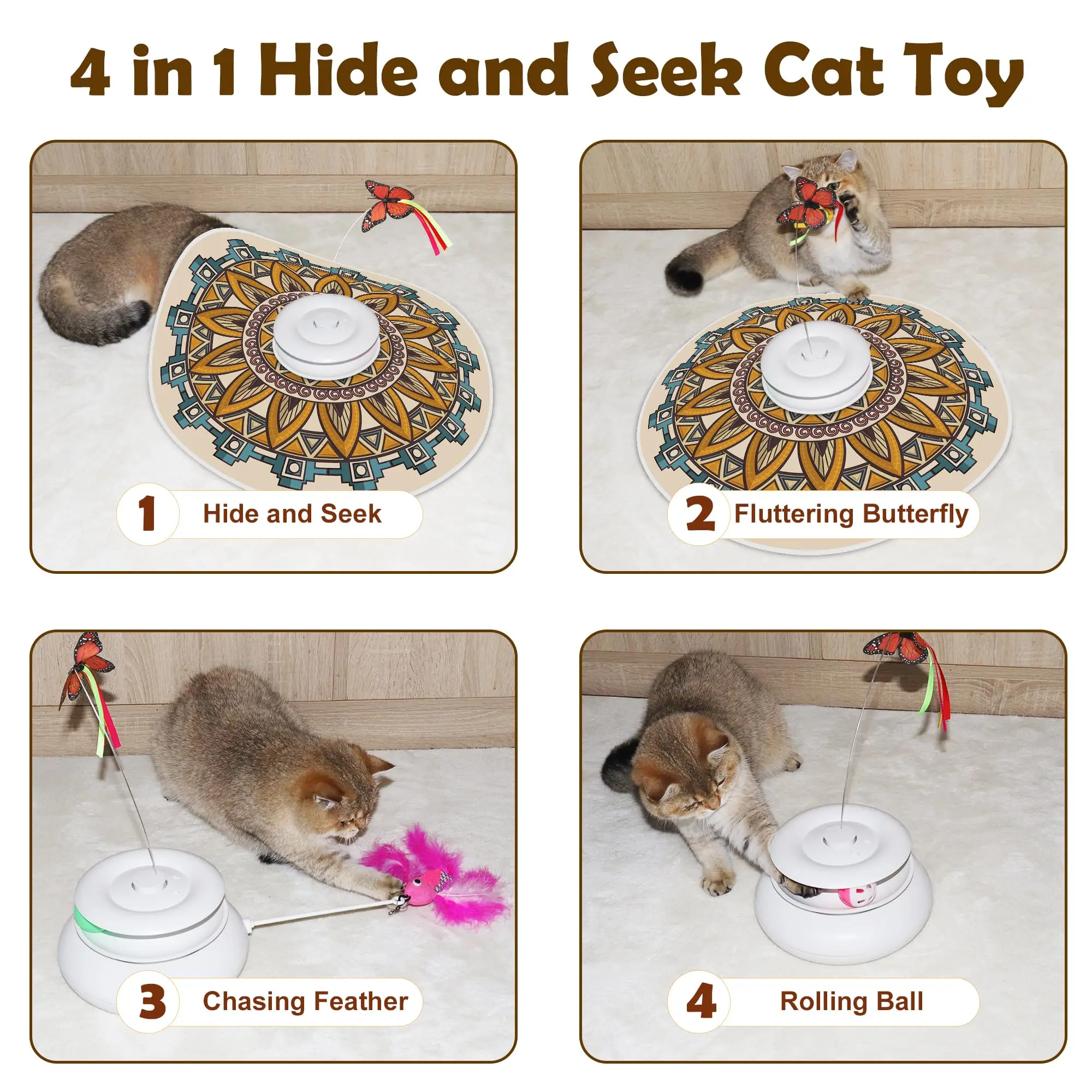 Cat Toys Rechargeable, 4 in 1 Hide and Seek Kitten Wand Toy, Automatic InteractiveToy for, Fluttering Butterfly, Chasing Feather