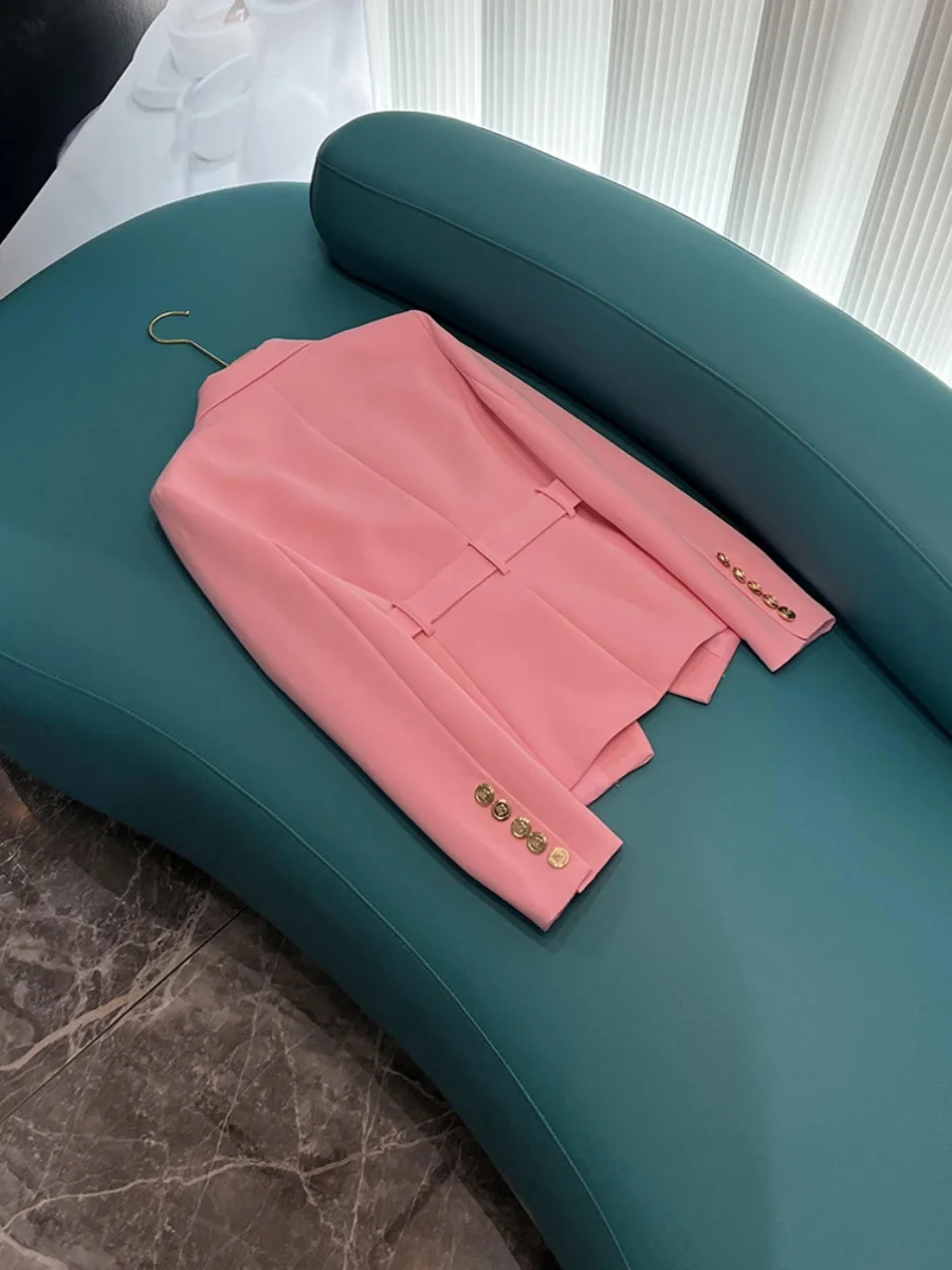 Ele ort Pink Suit Jaet Women's Faion High Quali Belted Waist Design Commute Sle Long Sve Button Detail