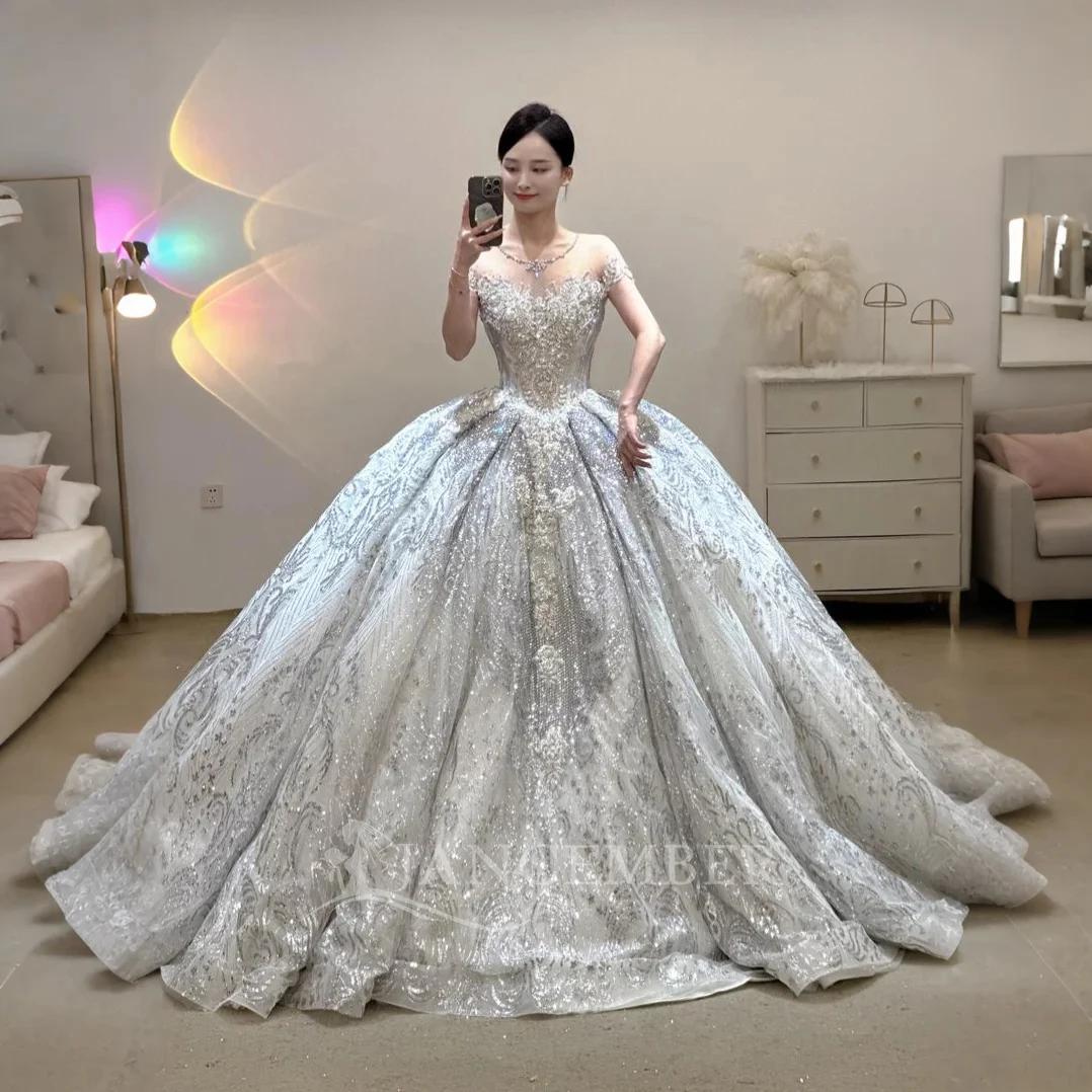

Luxurious Wedding Dress Organza Bead Princess Ballgown Short Sleeve O-Neck Popular Design Customized Bride Dress Vestido De Novi