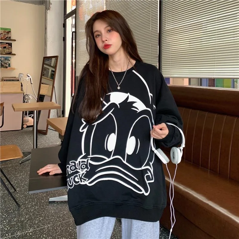 Disney Donald Duck Printed Hoodie Cartoon Donald Duck Pullovers Oversized Loose Sweatshirts For Men Women Streetwear Top Clothes