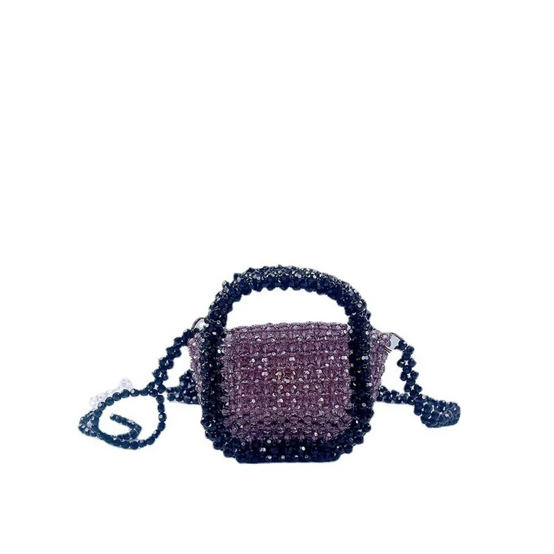 Mini Acrylic Purple Beaded Handbag Summer New Handmade Woven Bag Small Lipstick Bag Cute Flap Square Shoulder Crossbody  Bag