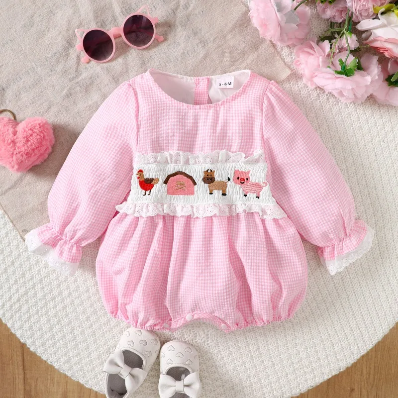 Newborn Baby Girl Farm Bubble Romper Pink Gingham Puff Sleeve Bodysuit With Embroidered Animals Lace Trim And Socks 0 24M