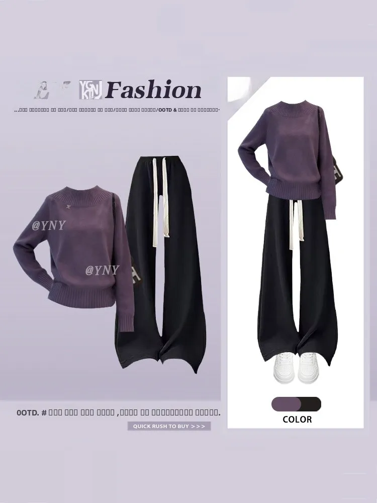 

Purple round Ne Knitwear Casual High Waist Wide Leg Pants Women's Two-Piece Set Comfortable Faion Spring Outfit