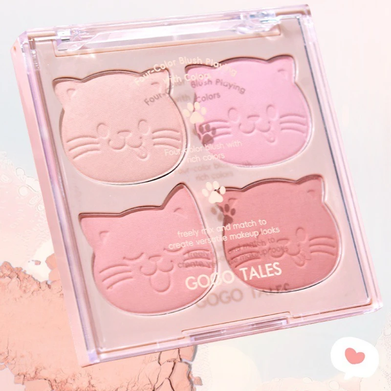 GoGotales quatre couleurs Blush plaque mignon chat énergique joue rouge pêche nu maquillage mat naturel Rouge facile à porter
