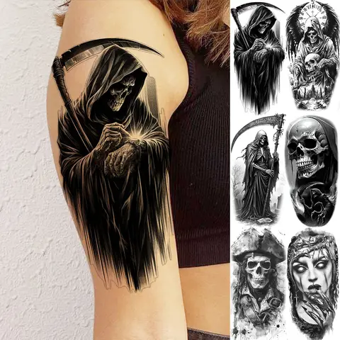 1 Sheet Scary Grim Reaper Pirate Skull Temporary Tattoos Halloween Tatoos Waterproof Realistic Fake Tattoo Stickers Long Lasting