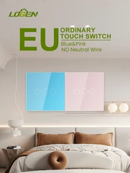 LOUYSGEN Touch Sensor Switch 1Way No Neutral Wire Wall Light Switch Glass Panel EU Standard 1/2/3Gang Blue Backlight 220V