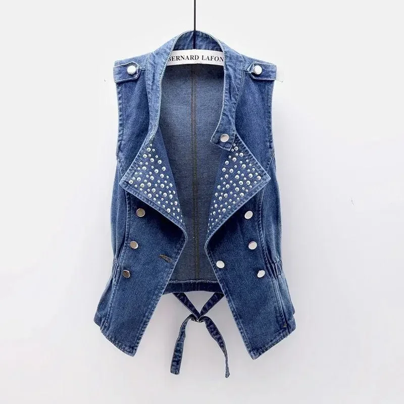 2025 Vintage Blue Rivet Stand Collar Denim Vest Women Slim Short Cowboy Waistcoat Summer Sleeveless Jeans Jacket Female Outwear