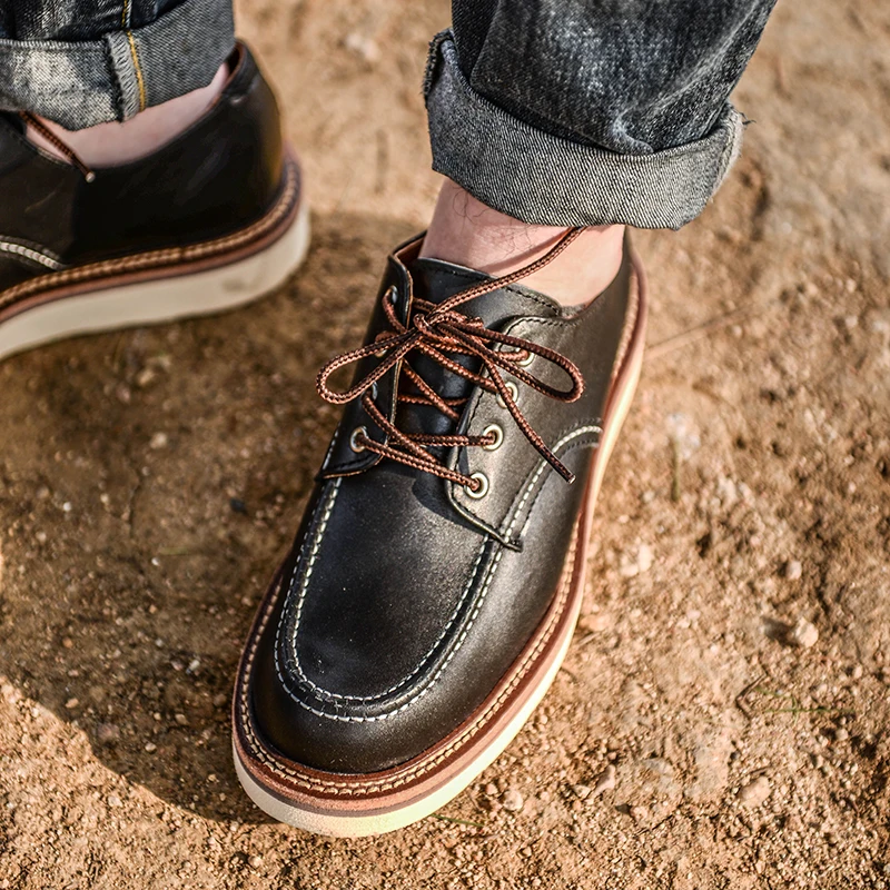 Leather Work Boots American Retro Style Low Cut  Shoes British Casual Large Head Shoes Comfortable Breathable Men's Foo...