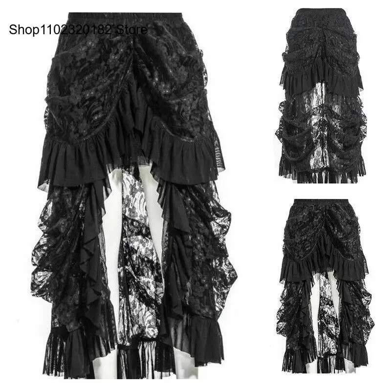 New Women Retro Victorian Lace Up Steampunk Gothic Goth Punk Long Skirt Ruffle Dress