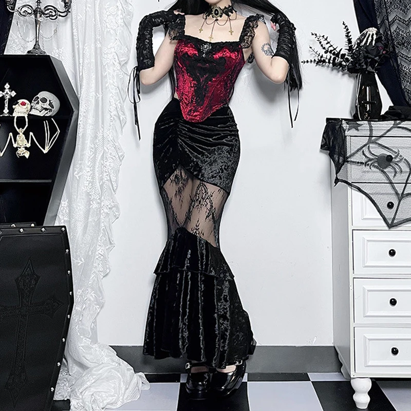 Goth Dark Ruched Vintage Gothic Aesthetic Velvet Skirts Grunge Mesh Splice Sexy Mermaid Skirt Women High Waist Elegant Partywear