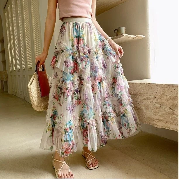 

Женская кружевная юбка нестандартной формы с цветочным принтом, новинка 2025, пышная юбка трапециевидной формы, корейская версия, полиэстер с высокой талией...