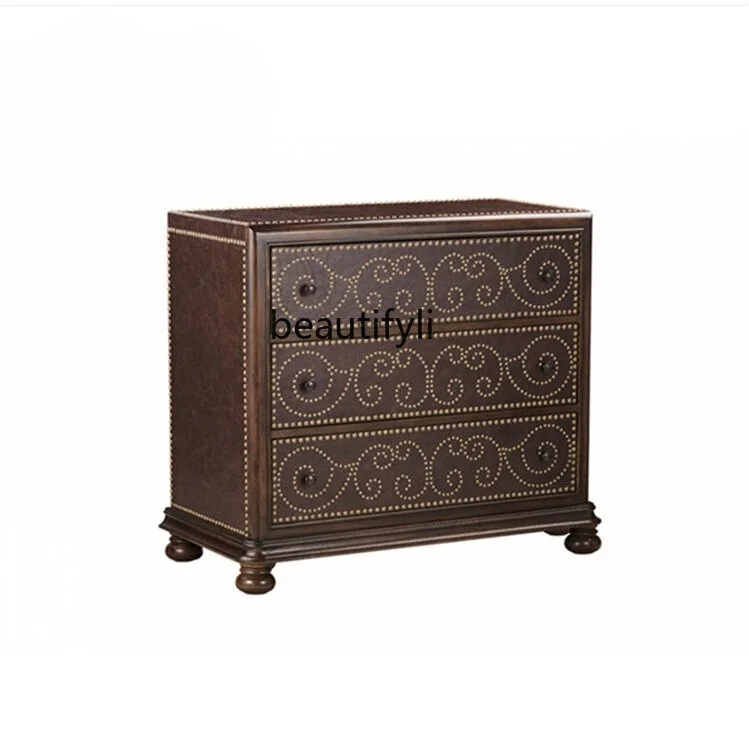 Oak American Retro Solid Wood Bedside Cabinet Rivet Craft Carving Three Commode