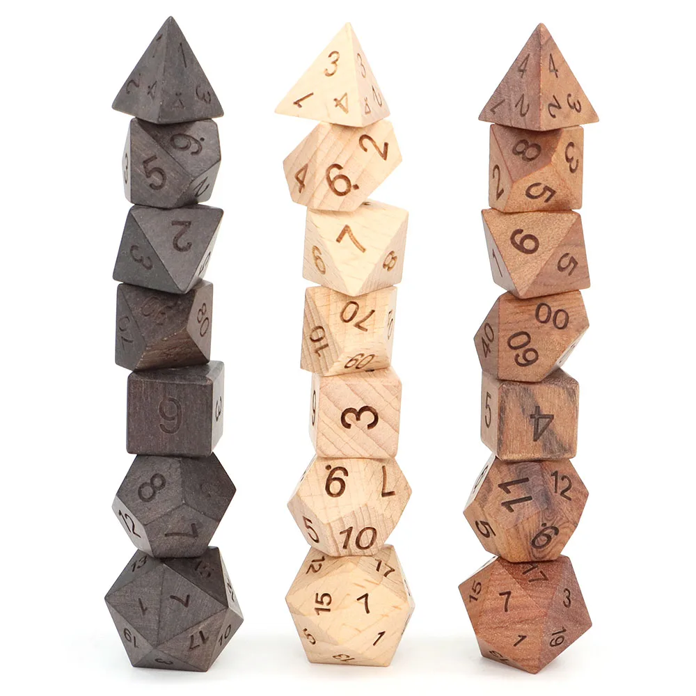 Wooden Number Dices 7PCS/Set Polyhedral Games Dices for Dungeons and Dragons Role Playing Games TRPG Table Accessories Toy Gifts
