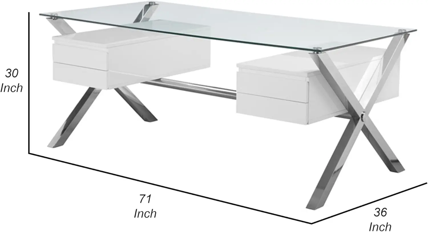 71 Inch Large Office Desk, Glass Tempered Top, 4 Drawers, Finish, White and Chrome