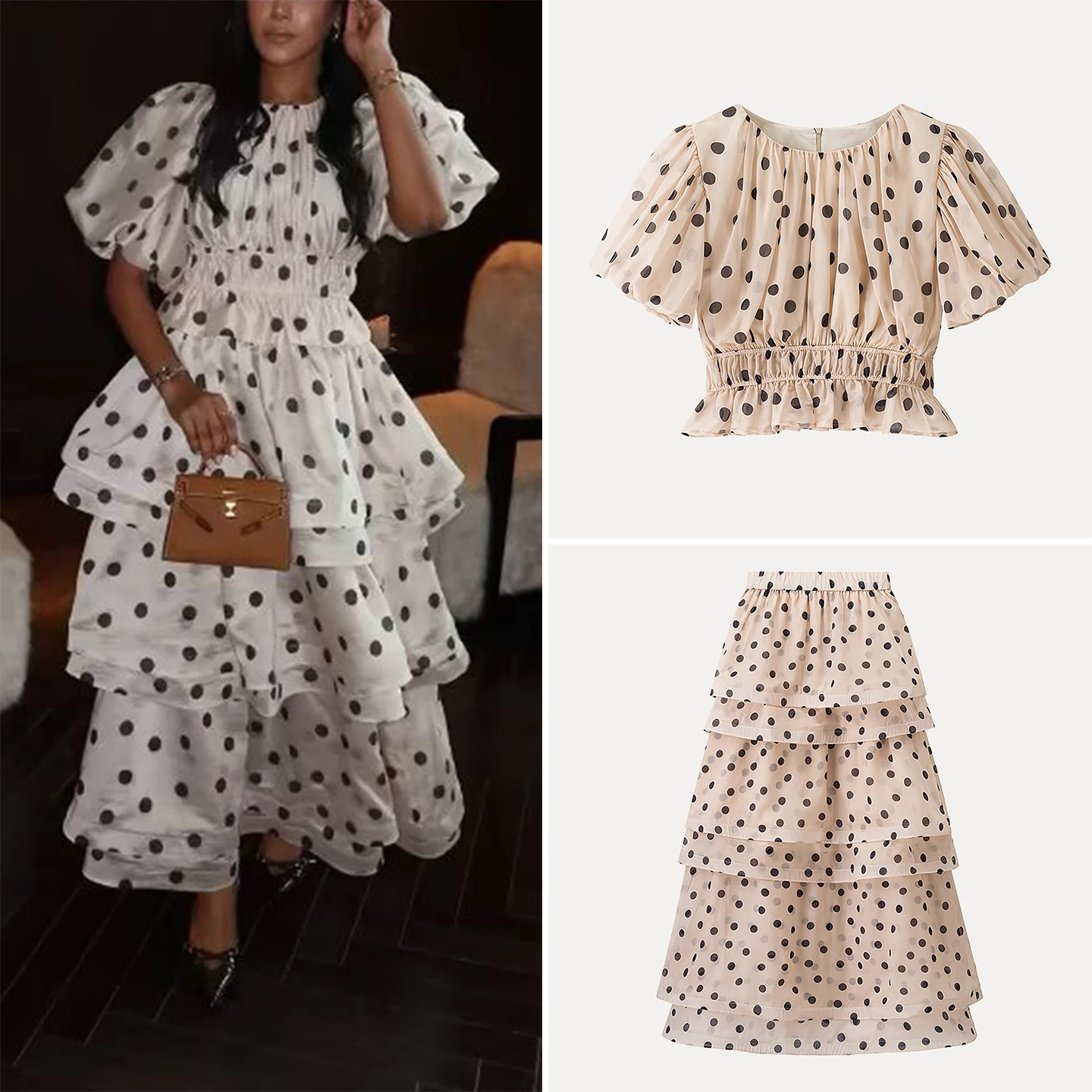 

Моющийся комплект из топа и юбки в горошек, женская одежда, весенне-осенне-зимний костюм из двух предметов с круглым принтом в горошек