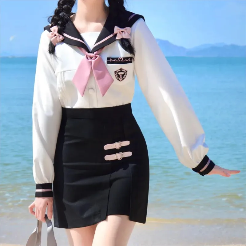 

Sexy Female Sailor Uniform Korean Pink Tie White Top Bodycon Skirt Sets Japanese School Uniform Girls JK Suit COS Costumes Women