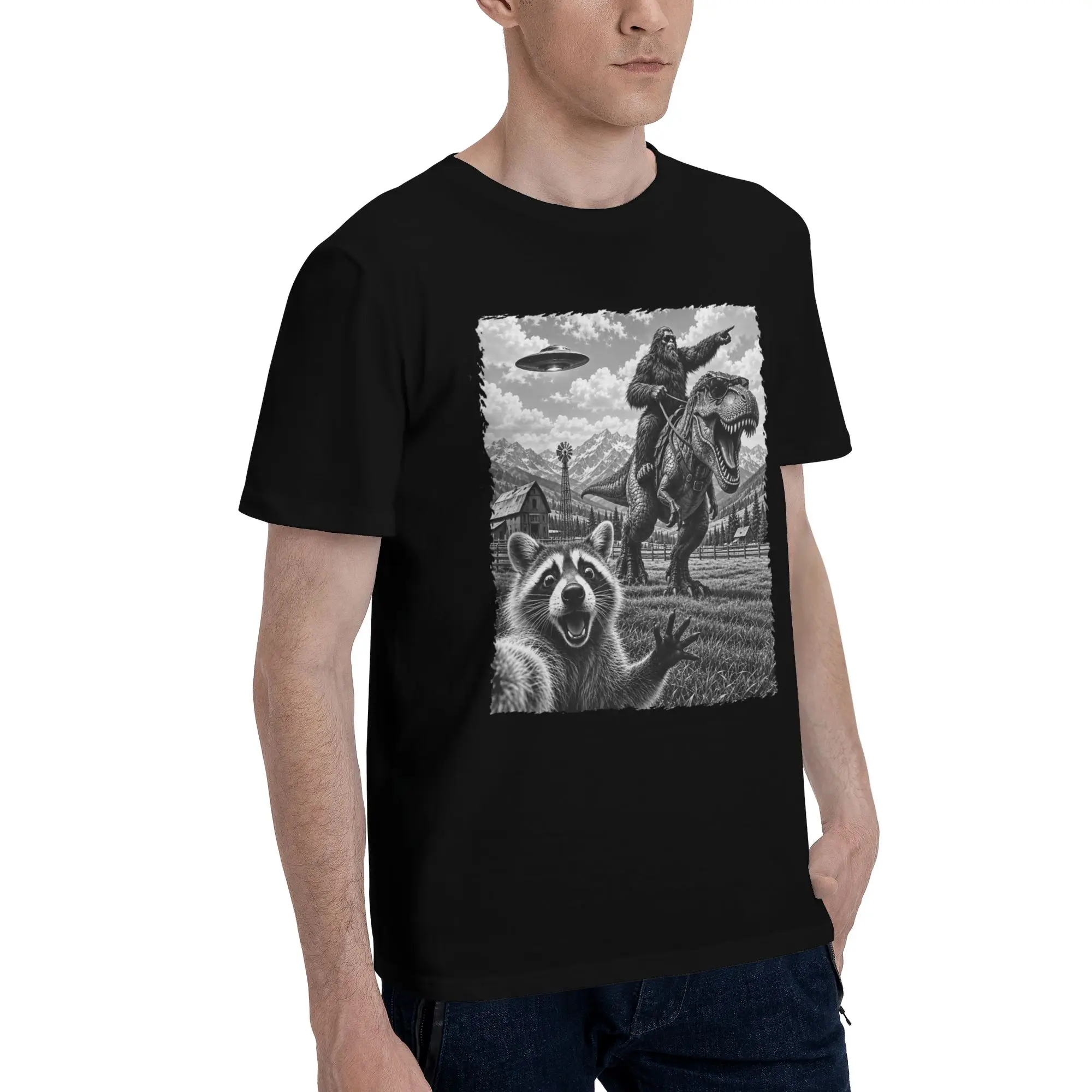 Funny Bigfoot Ride Dinosaur Raccoon Tee Shirt for Men Women Graphic T Shirts  100% Cotton Clothing