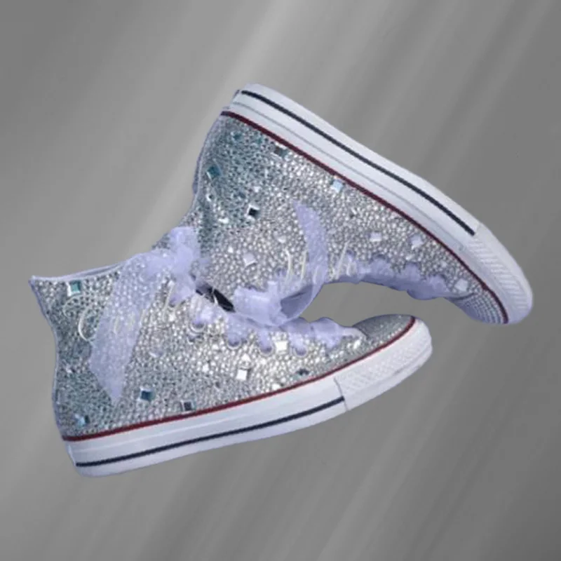 Large size ribbon rhinestone wedding shoes handcrafted high top canvas shoes casual comfortable sports women's shoes 35-46