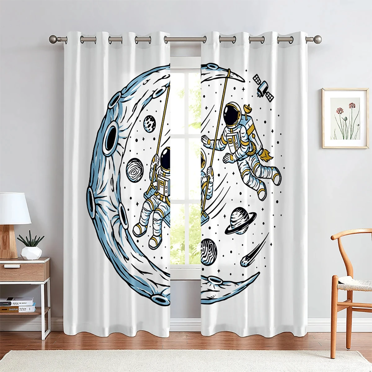 

2Panels Cartoon Curtains Cute Astronaut Rocket Moon Planet Printed Curtains for Children's Bedroom Living Room Kitchen Decor