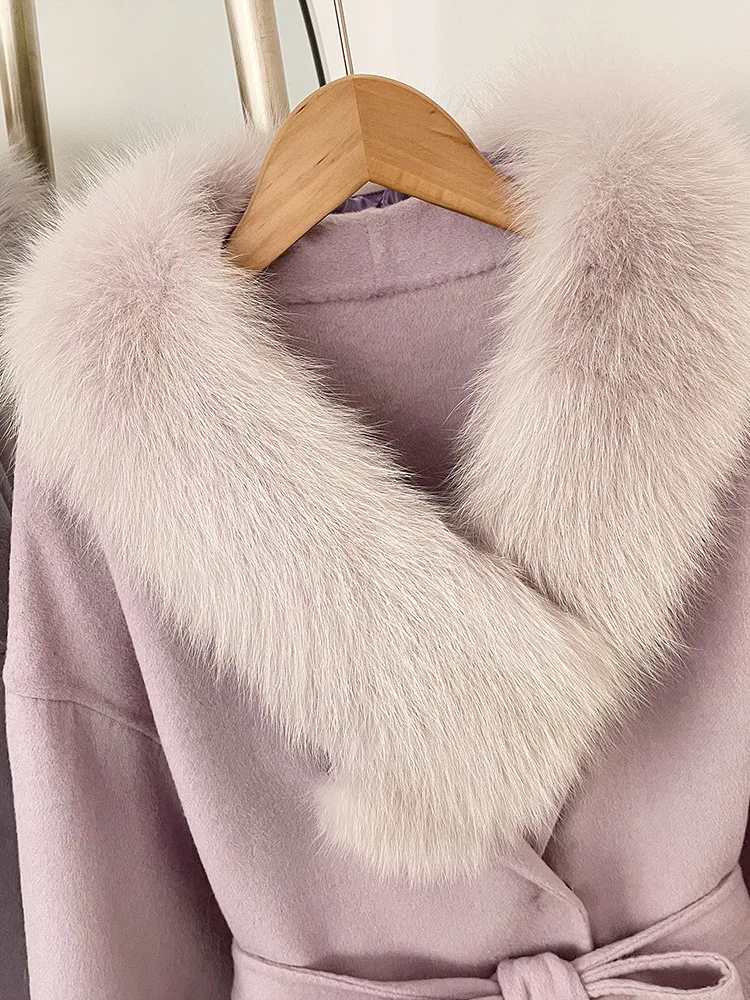 معطف نسائي أنيق من مزيج الصوف الخزامى من ZMEENNA مع أصفاد بياقة من الفرو الفاخر ملابس خارجية شتوية دافئة سترة قصيرة ZM4551 #5