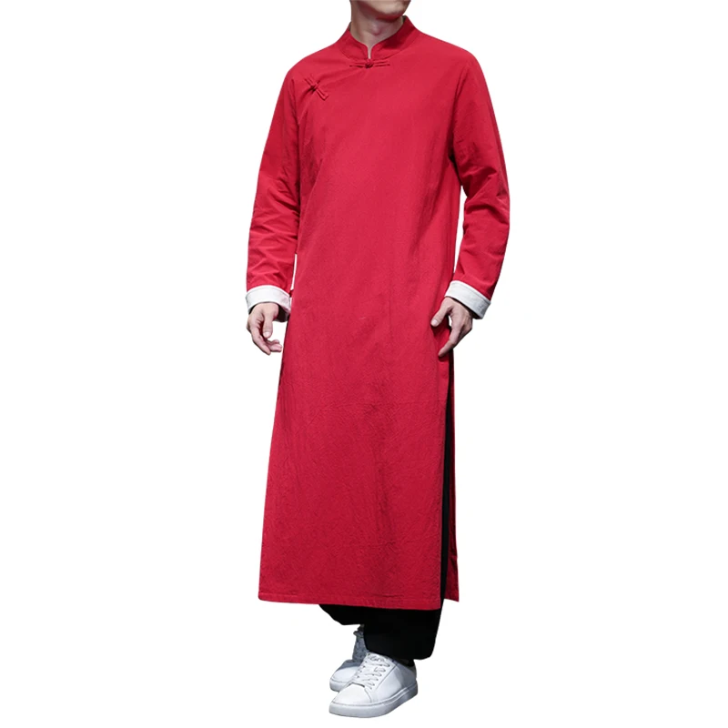 2025 رجل الكتان الطبيعي القطن طويل جدا الجلباب الرجال الكونغ فو تاي تشي رداء زي عبر الحديث ثوب شيونغسام فستان الزفاف