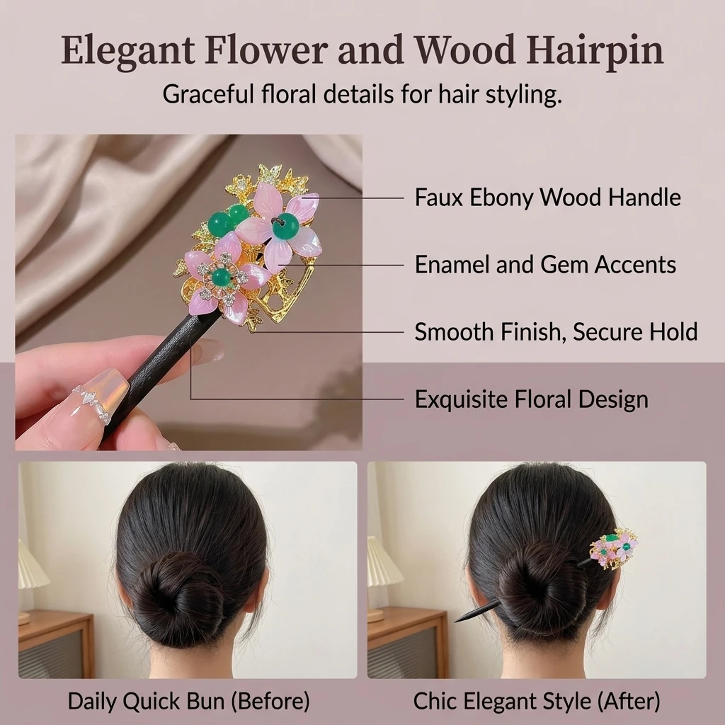 Épingle à cheveux vintage en faux bois d'ébène avec pompon pour Hanfu, festivals traditionnels, spectacles sur scène, femmes