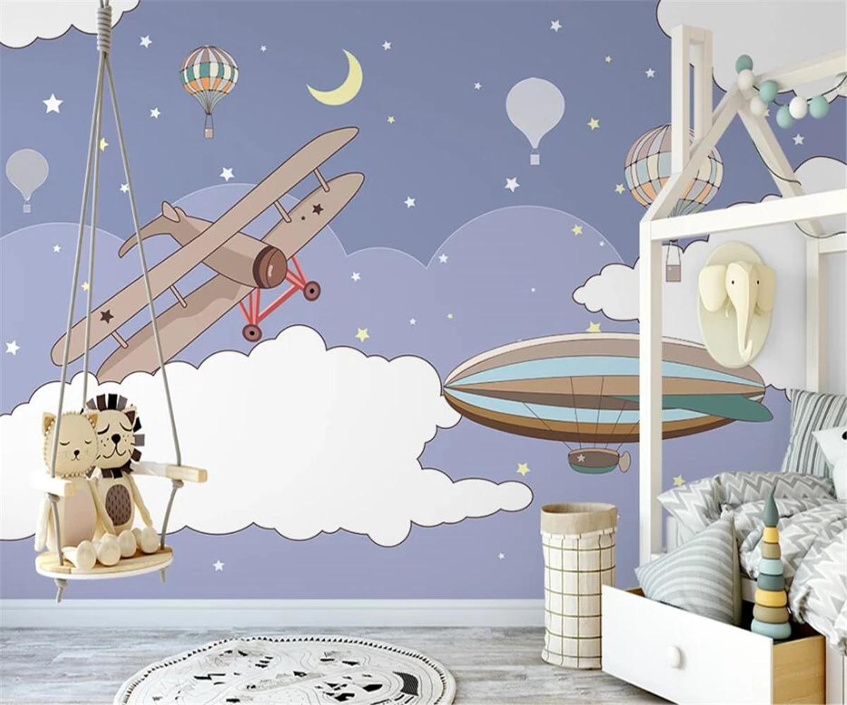 

Custom any size mural Nordic hand-painted cartoon airplane hot air balloon children's room interior background wall 3d wallpaper