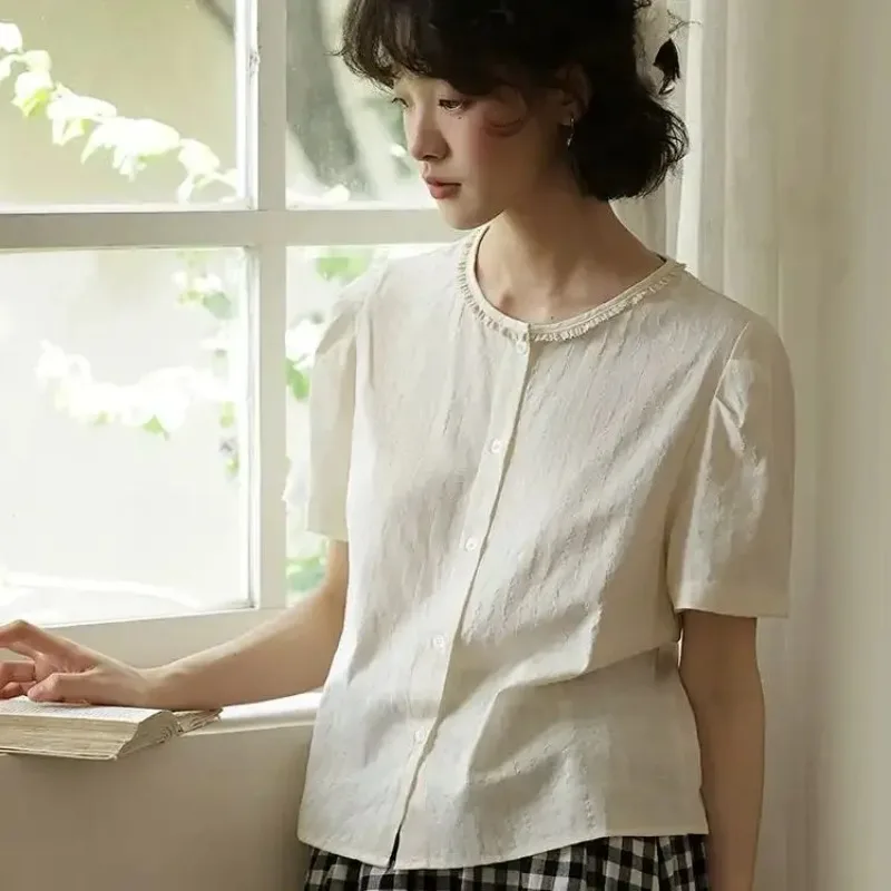 Summer New Retro Fashion Women's Blouse High End Elegant Loose Slim Short Sleeved O-neck Solid Color Shirt Women's Clothing