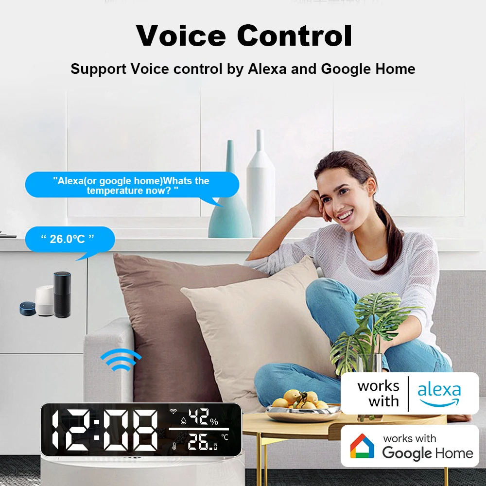 Tuya WiFi LED Wecker Unterstützung Temperatur Feuchtigkeit Sensor Zeit Display USB Desktop Spiegel Uhren für Wohnzimmer Dekoration – Detail 7