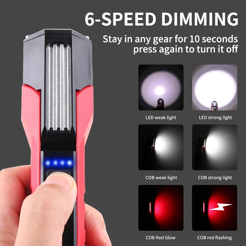 2000LM COB Magnetic Rotating Work Light USB-C Rechargeable Camping Flashlight 6 Modes Outdoor Waterproof Portable Emergency Lamp