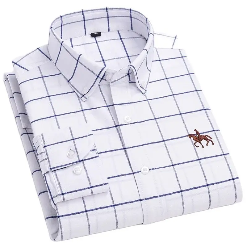 

Plus Size 6xl 5xl Men long Sleeve Shirt 100% Cotton Oxford Regular-Fit White Work Man Shirt Fashion Plaid Causal Male Clothes