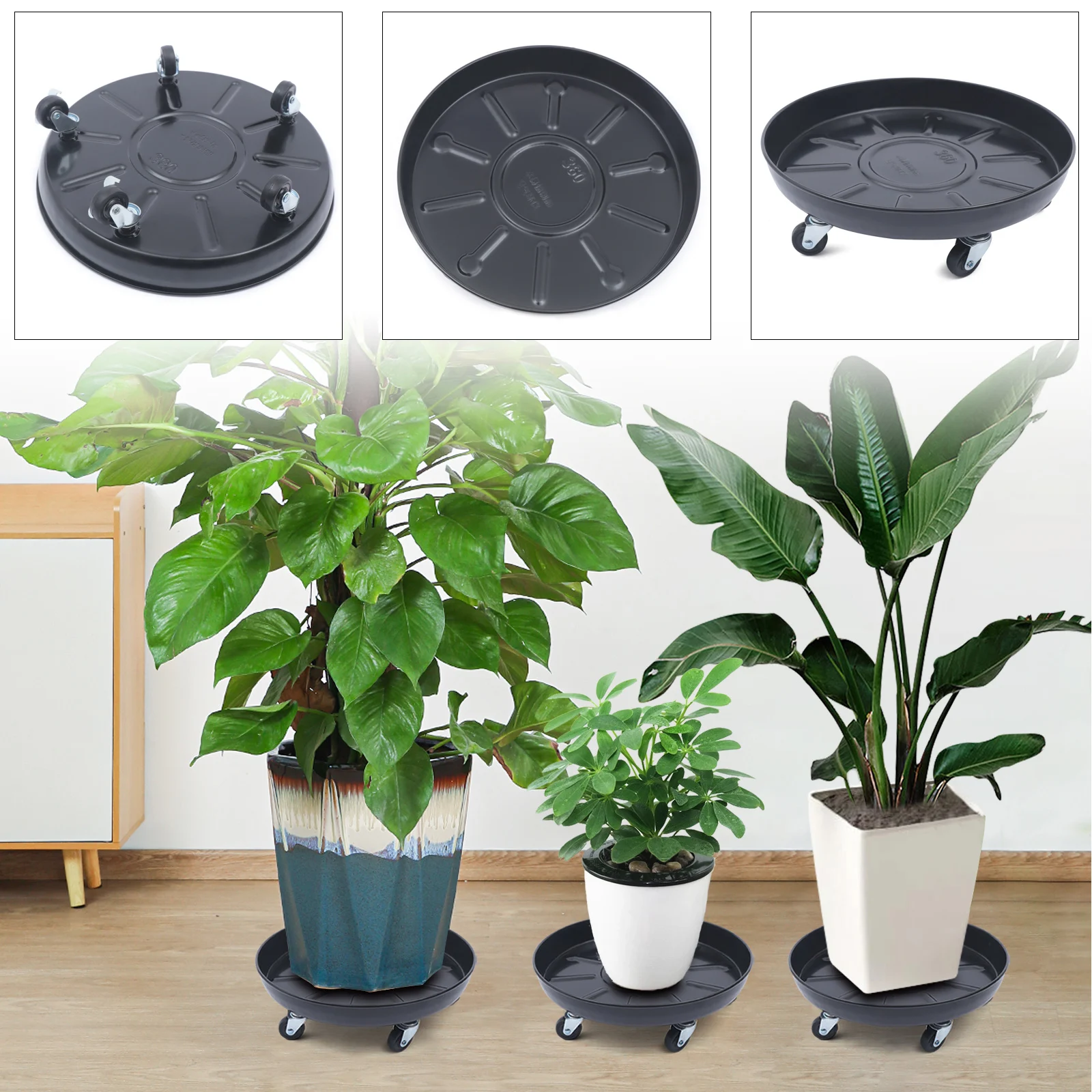 3 Pack 14.17in Plant Caddy with Wheels 290kg Heavy Duty Plant Stand with Universal Wheels Black Round Pot Trolley for Indoor Outdoor