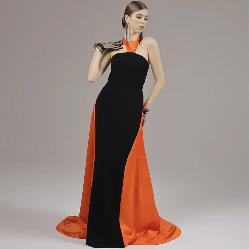 Sexy Orange Black Evening Celebrity Dress Halter Backless Mermaid Long Satin Formal Prom Party Gowns Robe De Soriee