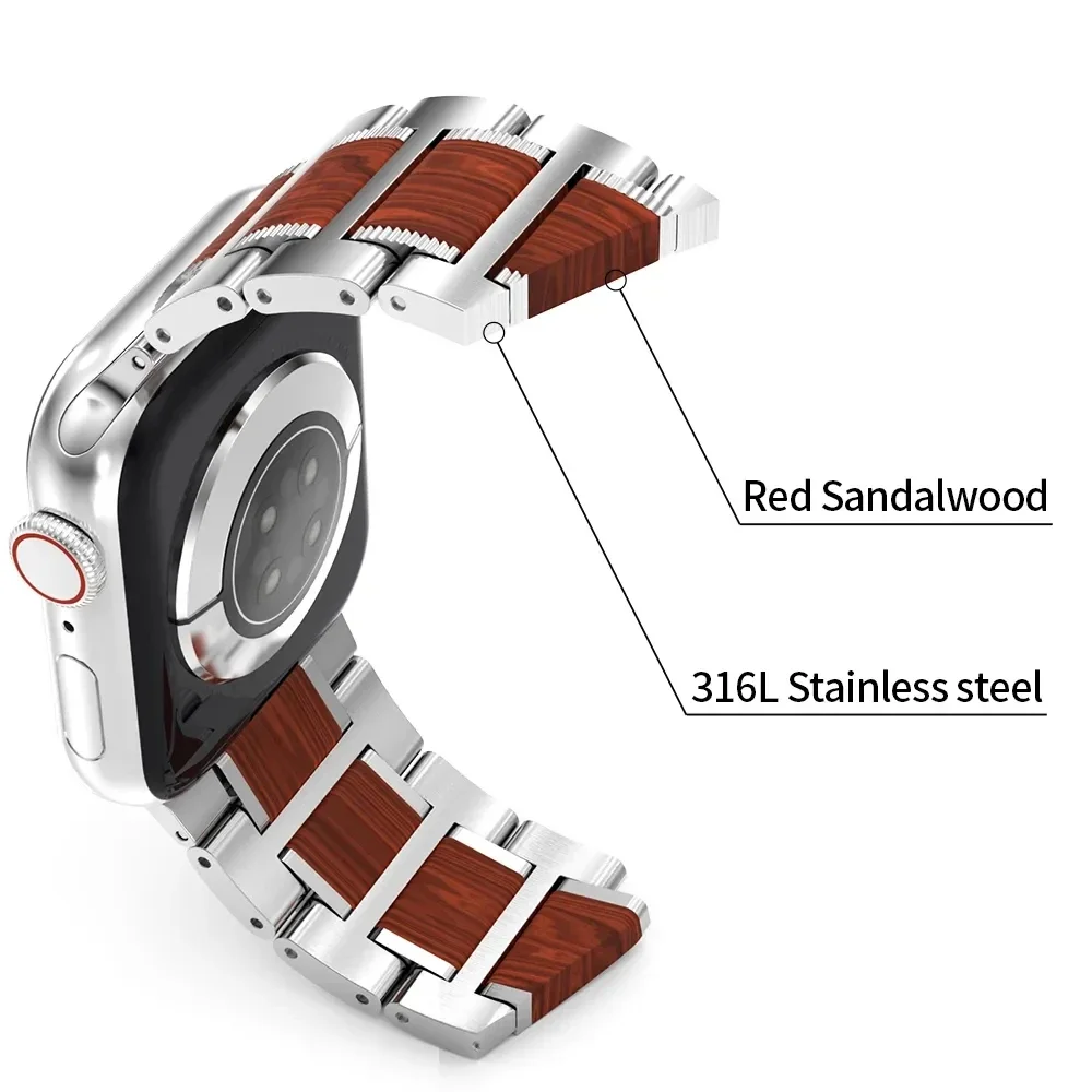 Wooden Sandalwood Strap For Apple Watch Series Ultra 2 10 9 8 7 6 SE For IWatch 46mm 49mm 42mm 44mm 41 45mm Stainless Steel Band