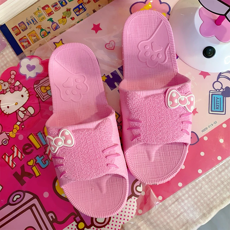 

Kawaii Sanrio Hello Kittye/тапочки на толстой подошве для девочек, нескользящая домашняя обувь на мягкой подошве с героями мультфильмов, уличная пляжная обувь