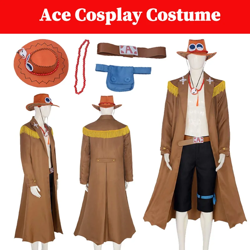 Traje de Cosplay Anime para Homem, Traje de pirata Portgas, Chapéu, Casaco, Cinto, Conjunto completo, Trajes de Halloween, Fantasia