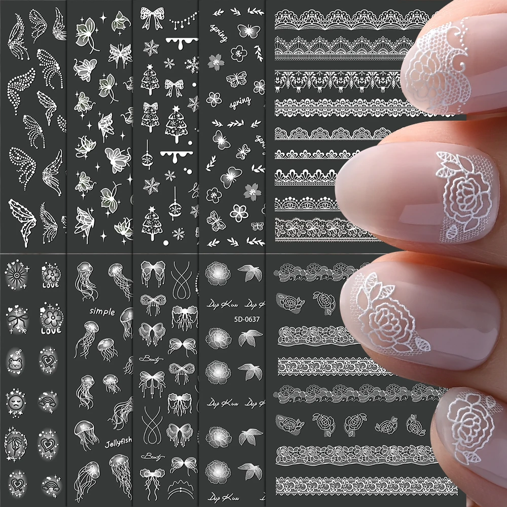 1개 화이트 레이스 5D 네일 아트 스티커 속이 빈 꽃잎 눈송이 나비 우아한 프렌치 스타일 데칼 네일 아트 장식