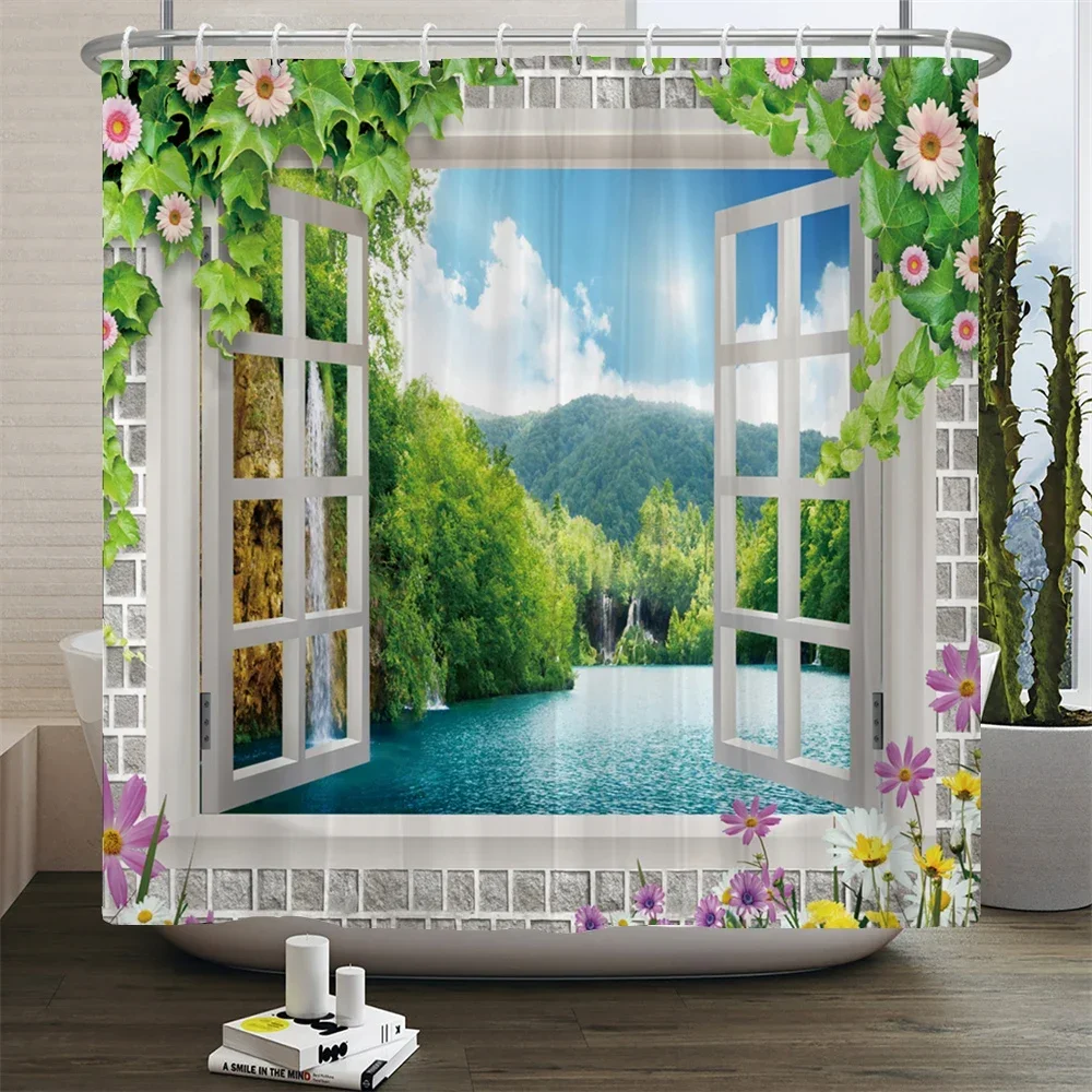 Flowers Scenery Outside The Window Print Shower Curtain Nordic Natural Landscape Waterproof Home Bathroom Decor with Hooks