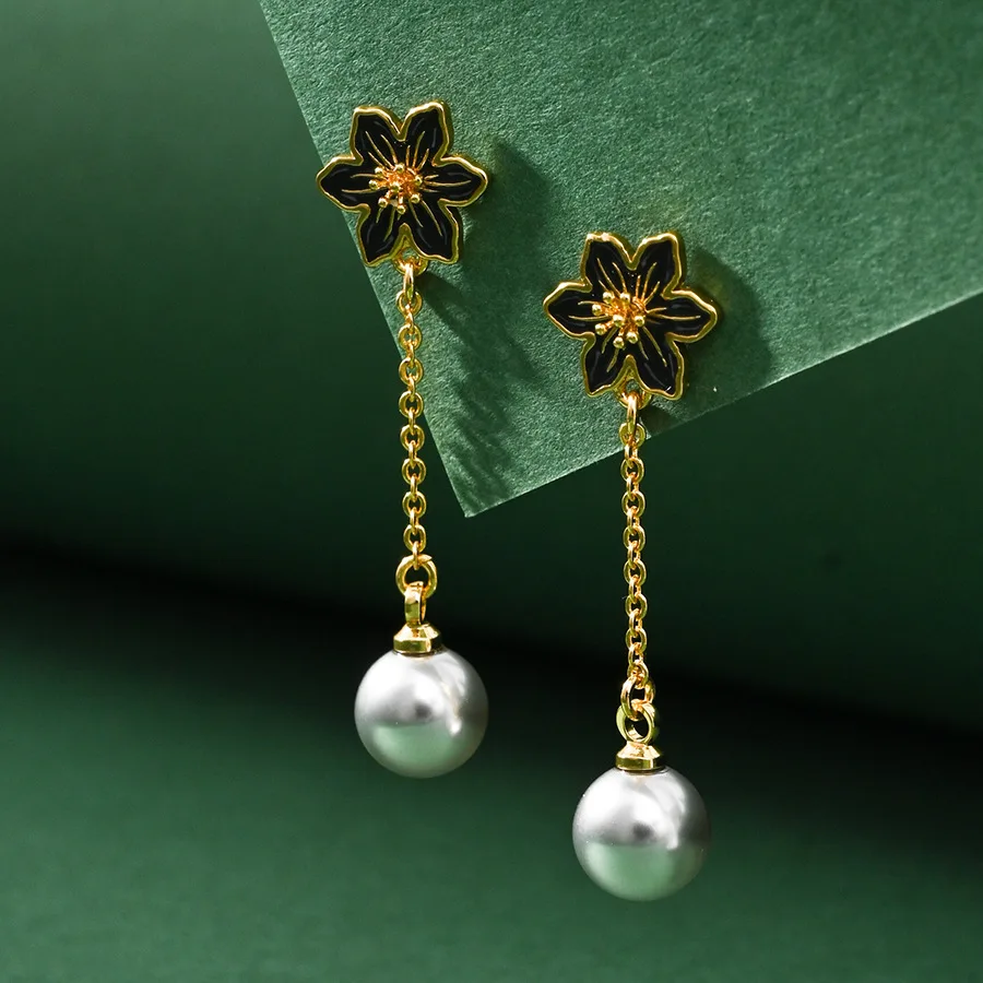 

Fashionable and High-end Enamel Glaze Lily Flower Gray Pearl Tassel Long Earrings Bohemia Style Holiday Jewelry for Women