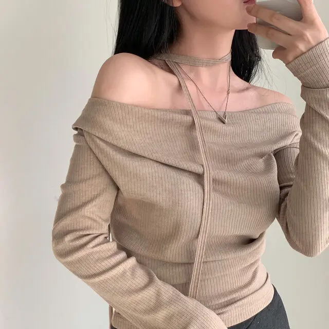 Retro Shoulder Bared Long Sleeve T Shirt Women's Style Daily Universal Fit Other Fabric Regular Sleeve Other Material Autumn ...