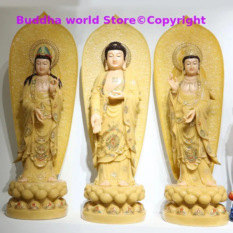 large 3PCS HOME shrine protection Buddhism XI FANG SANSHENG jade Goddess Guan yin GOD Avalokitesvara Amitabha Mahasthamaprapta