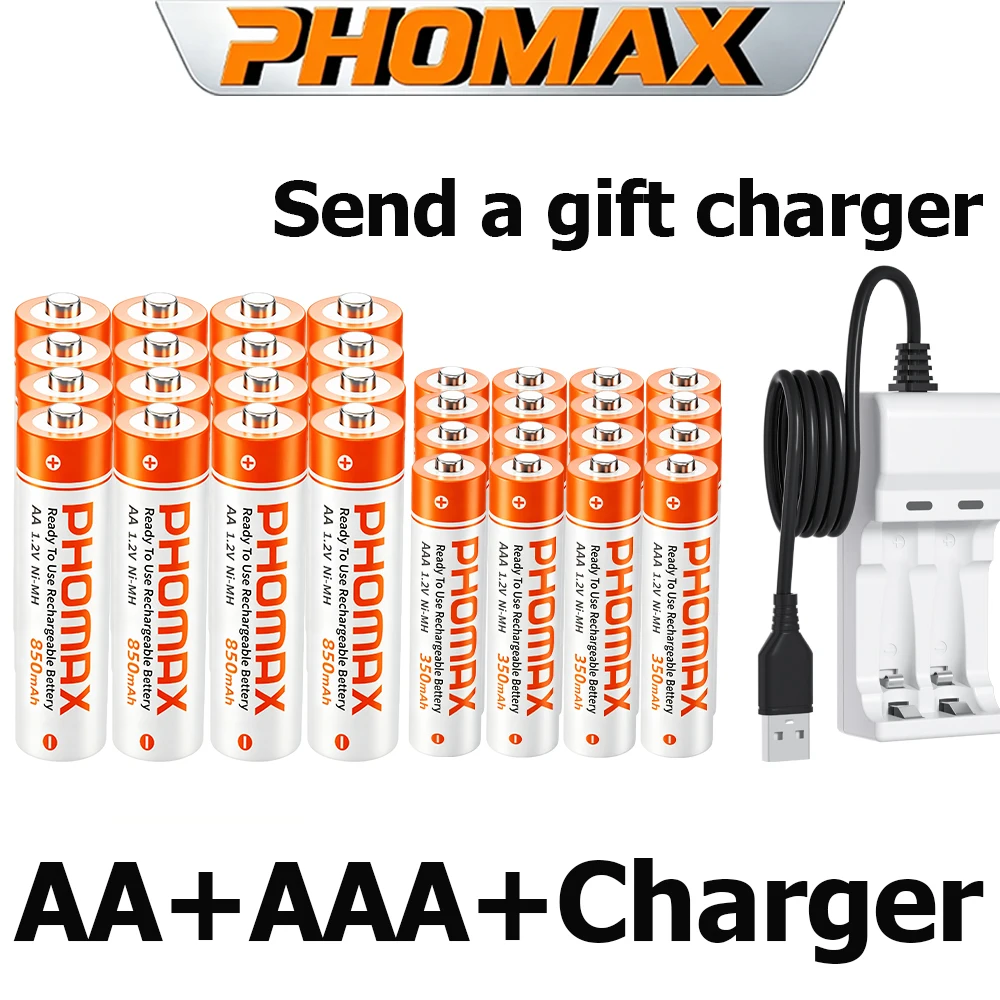 PHOMAX Wiederaufladbare Batterie 1,2V AA 850mAh AAA 350mAh + Ni-MH Ladegerät für Computer, Wecker, Radio, Videospiel, Digitalkamera AA AAA